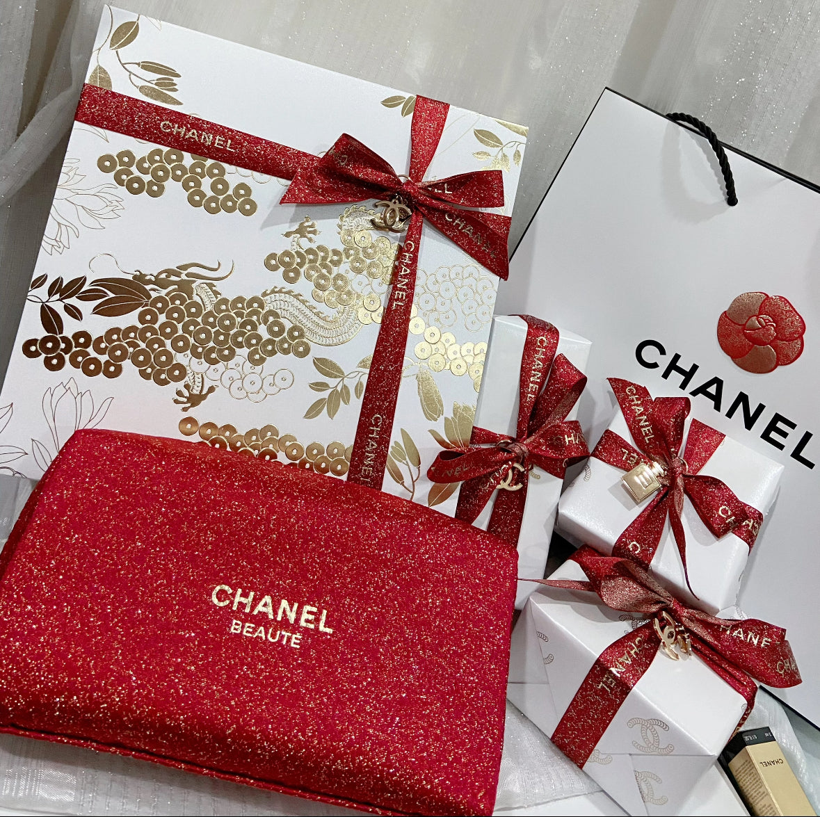 CHANEL RED MAKEUP BAG