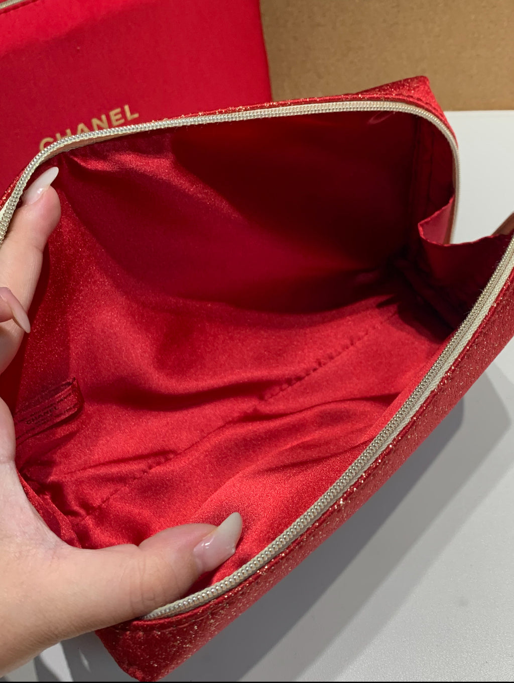 CHANEL RED MAKEUP BAG