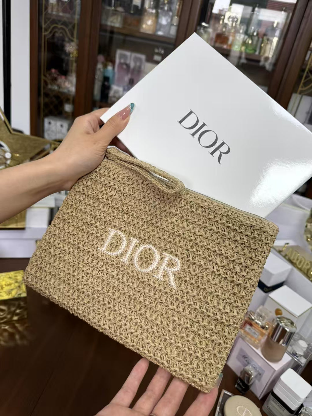 D-ior Summer Straw Cosmetic Bag