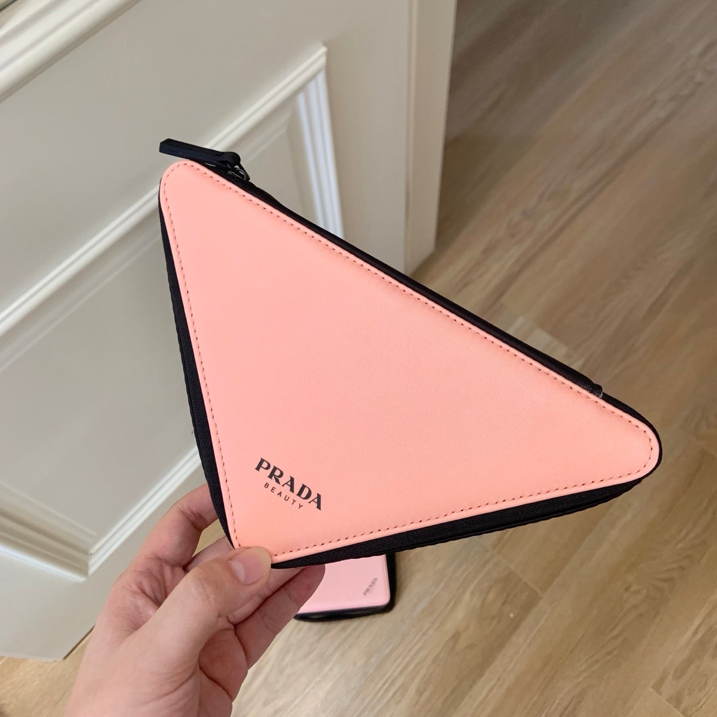 Prada Beauty Makeup Bag Triangle Zip Around Pink Black Cosmetics Pouch