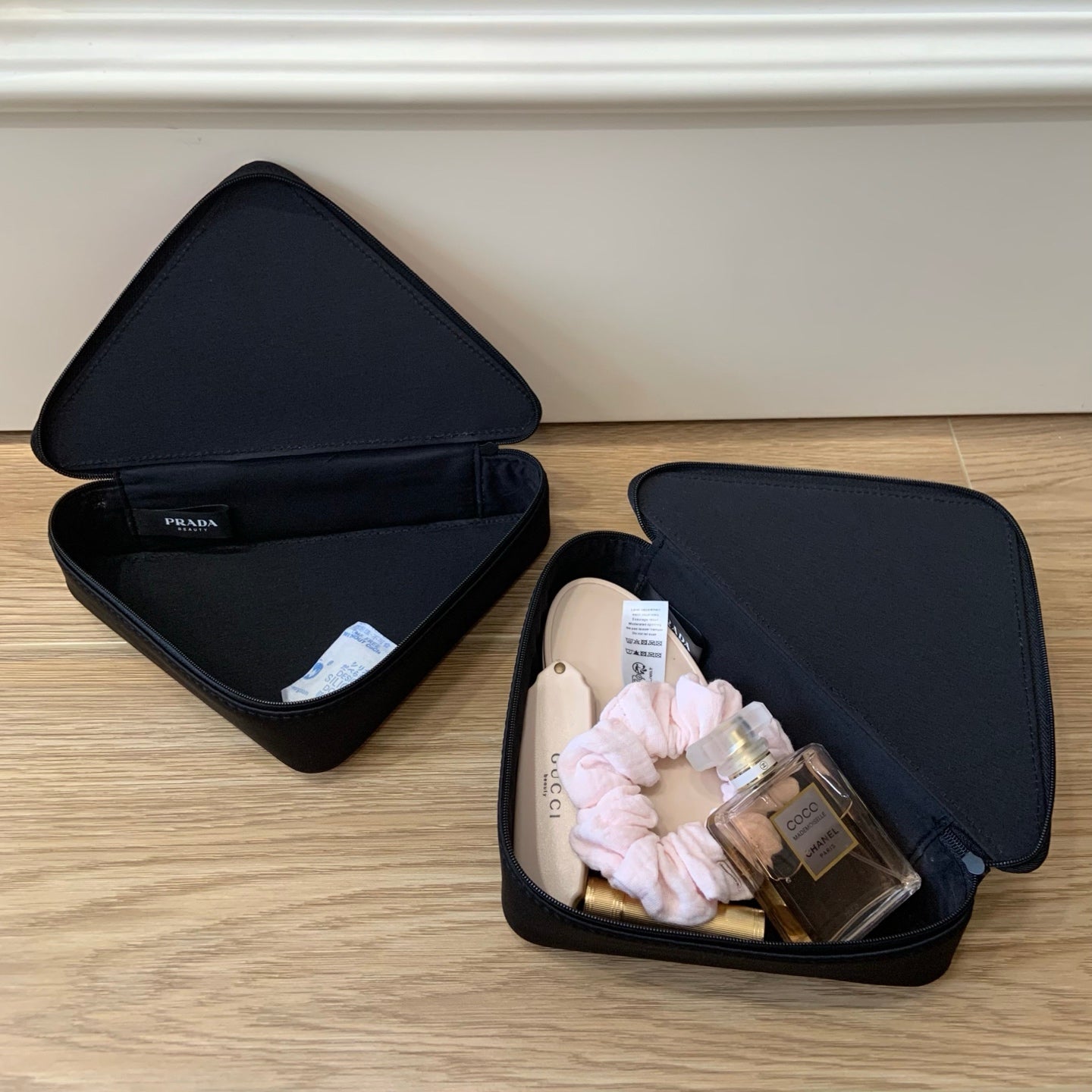 Prada Beauty Makeup Bag Triangle Zip Around Pink Black Cosmetics Pouch