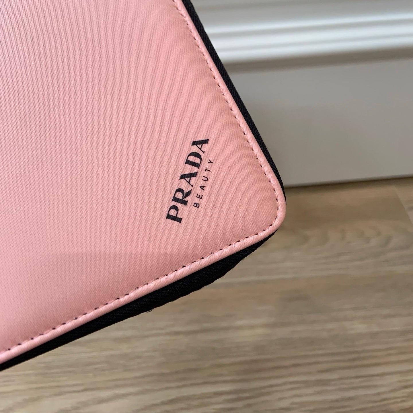 Prada Beauty Makeup Bag Triangle Zip Around Pink Black Cosmetics Pouch