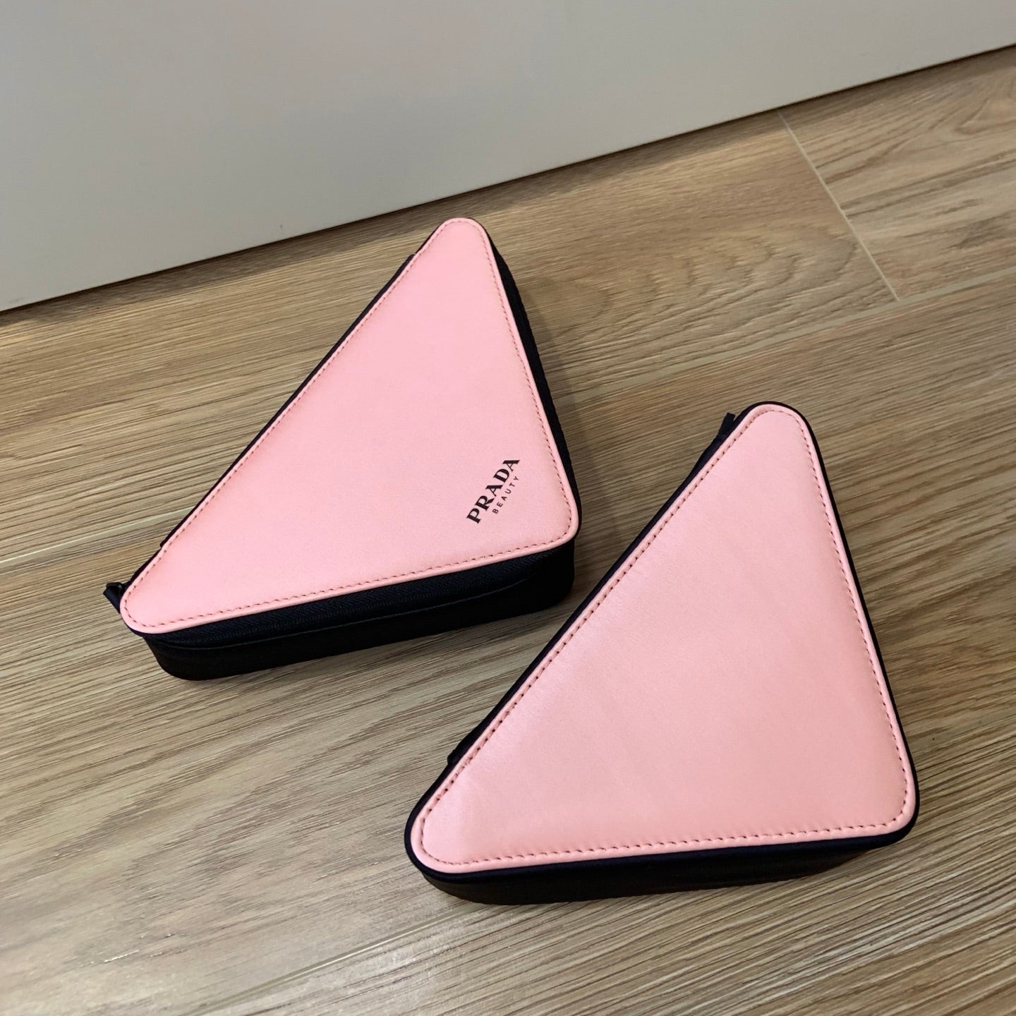 Prada Beauty Makeup Bag Triangle Zip Around Pink Black Cosmetics Pouch