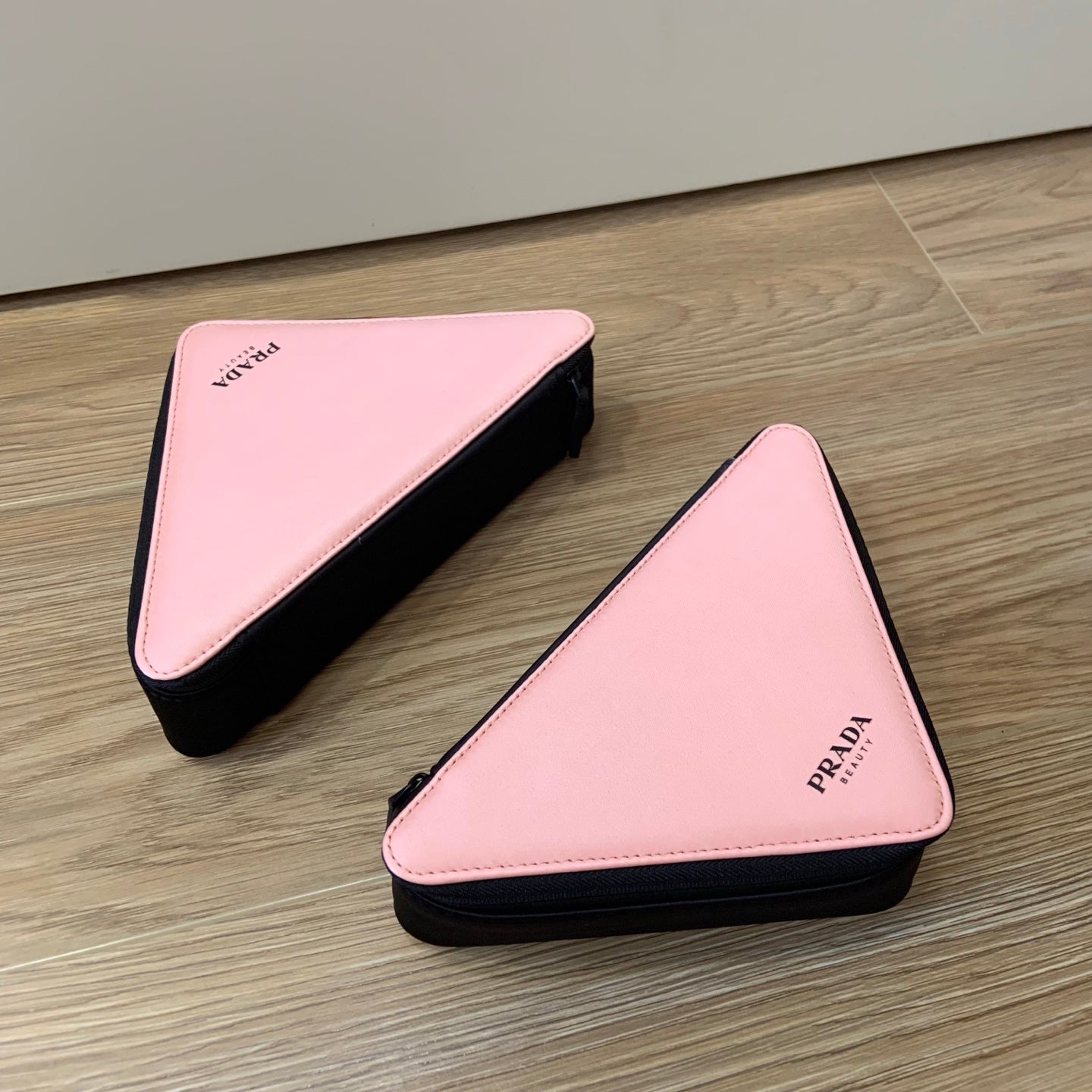 Prada Beauty Makeup Bag Triangle Zip Around Pink Black Cosmetics Pouch