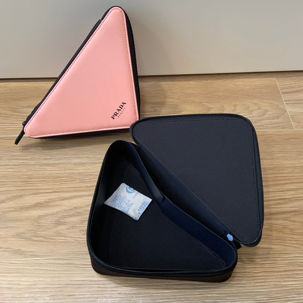 Prada Beauty Makeup Bag Triangle Zip Around Pink Black Cosmetics Pouch
